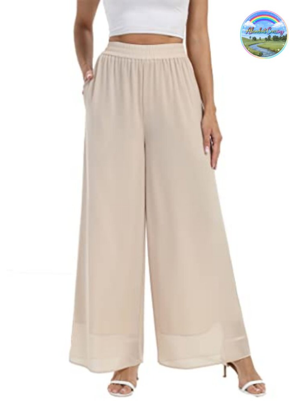 Women's Wide Leg Palazzo Pants Chiffon High Waist Elastic Waist Pockets Casual